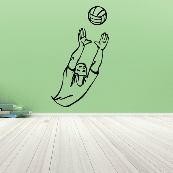 Volleyball wall decal vinyl sticker with volleyball and a seated spiking player silhouette