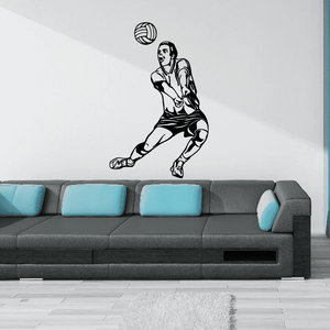 Volleyball wall decal vinyl sticker: black outline seated player holding volleyball above