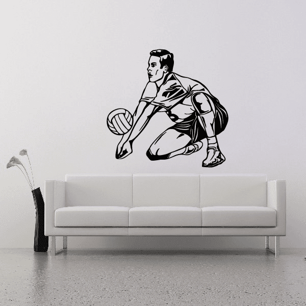 Volleyball wall decal vinyl of a kneeling player holding a volleyball, black outline