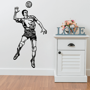 Volleyball wall decal with black player silhouette and volleyball ball, vinyl sticker