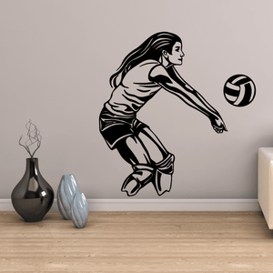 Volleyball wall decal, female player diving with volleyball vinyl silhouette