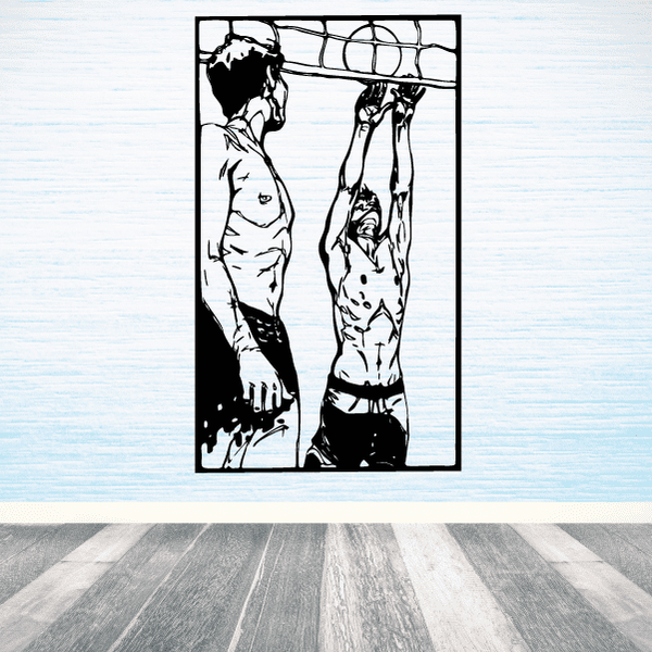Volleyball wall decal with two monochrome players and a net graphic