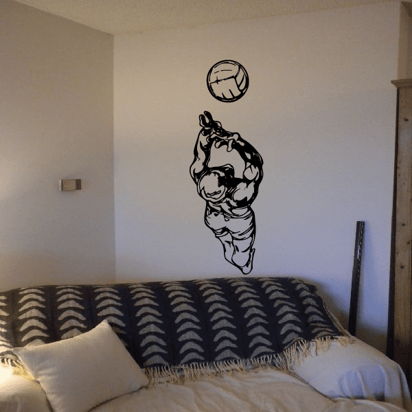 Volleyball player wall decal, black vinyl figure holding a volleyball above head