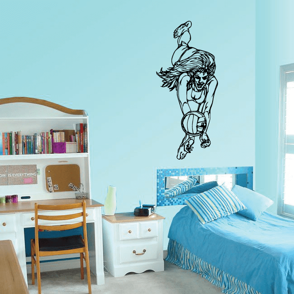 Volleyball wall decal vinyl sticker of line-art player holding a ball