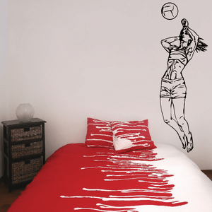 Volleyball player vinyl wall decal with raised arms and volleyball ball, white outline