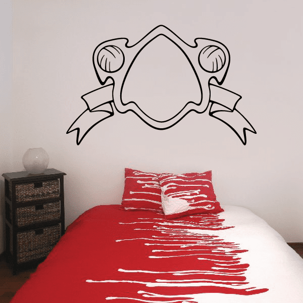 Volleyball wall decal with black outline, ball in shield shape and ribbon banners