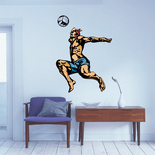 Volleyball wall decal of jumping player with blue shorts and black volleyball