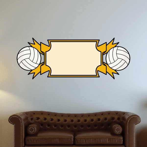 Volleyball wall decal with two yellow ribbon ends and blank center banner, vinyl sticker
