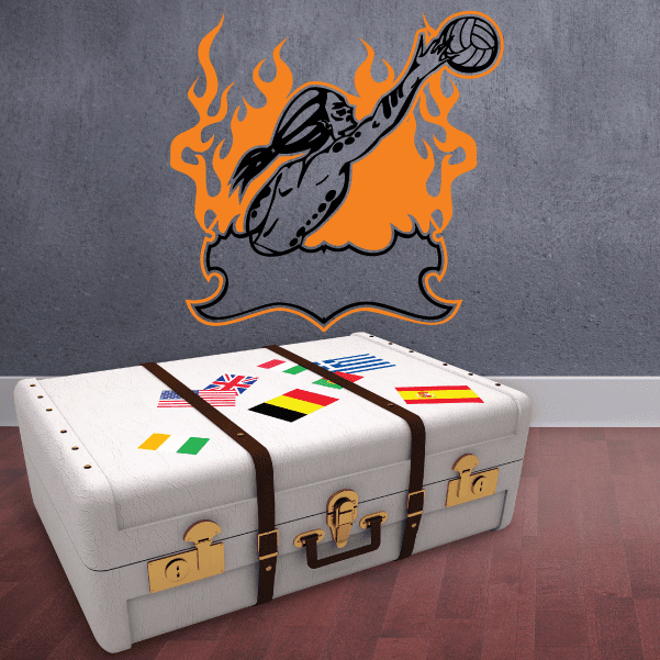 Volleyball wall decal sticker: volleyball with orange flames on dark wall