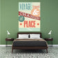 Travel and change of place sticker with colorful typography on square beige background.