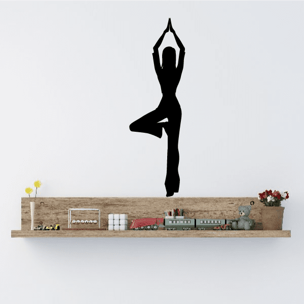 Yoga pose wall decal, black standing tree pose silhouette