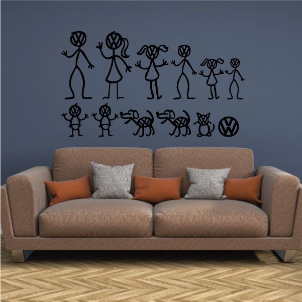 VW family and pets car decal set, black line figures and VW symbols