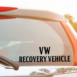 VW Recovery Vehicle decal with VW logo and black text on white window