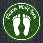 Non-slip grass wait here flooring sticker, circular design with white feet icon