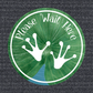 Green circular non-slip floor sticker: 'Please Wait Here' with handprints
