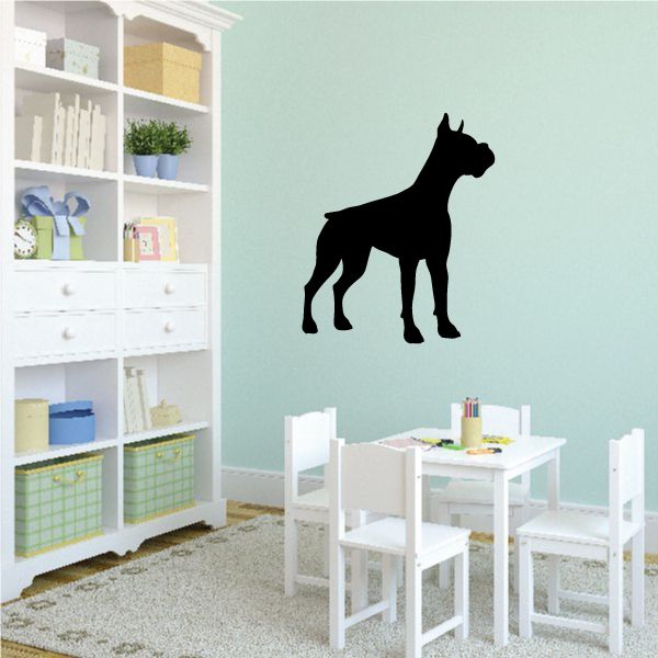 Waiting boxer dog wall decal with black dog silhouette facing right