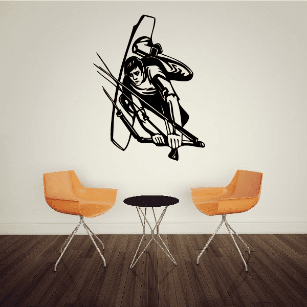 Black wakeboarder in-air wall decal with rider and board, action line art