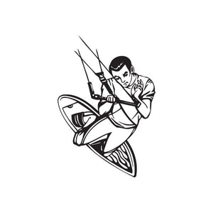 Wakeboarding decal with black-and-white cartoon rider holding tow handle