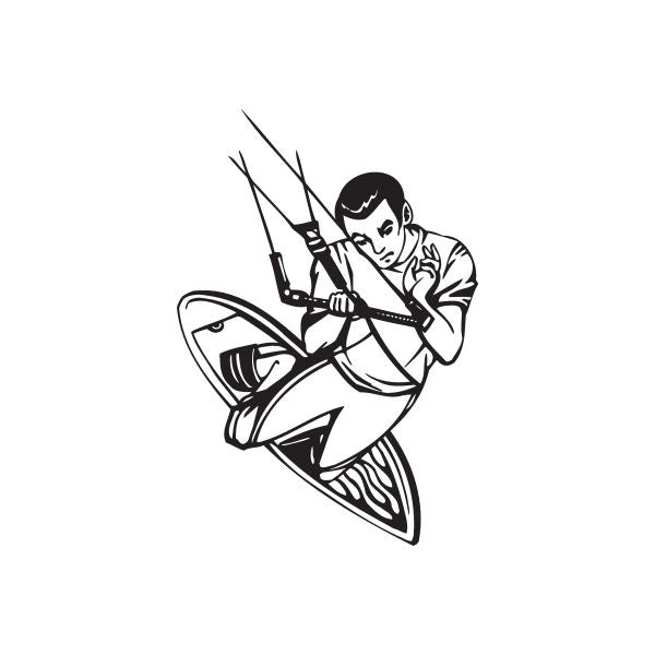 Wakeboarding decal with black-and-white cartoon rider holding tow handle