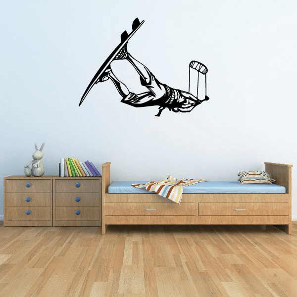 Wakeboarding wall decal, black silhouette of rider with board and fin