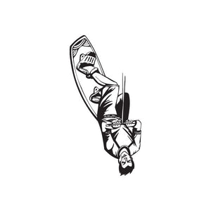 Wakeboarding backroll decal with black outline of a rider doing a backroll.