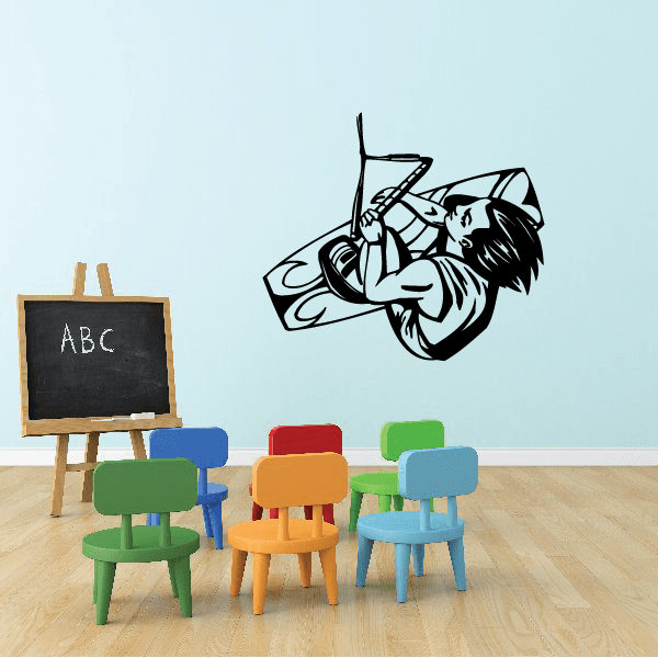 Elephant wakeboarding decal with black-and-white animal illustration