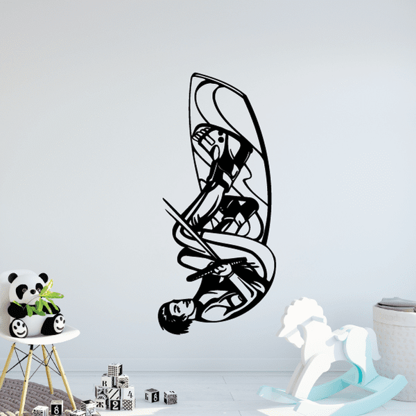 Wakeboarding tantrum decal showing a black-and-white windsurfing character