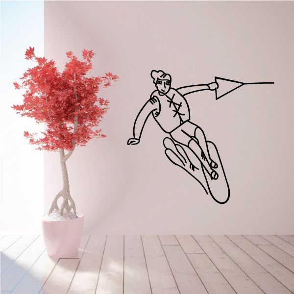 Black line-art wakeboarder wall vinyl decal, holding a handle on a board