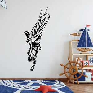 Wakeboarding whirly 540 decal, black line-art wakeboard rider mid-air