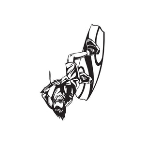 Wakeboarding Whirlybird 540 decal with black-and-white rider mid-rotation on board
