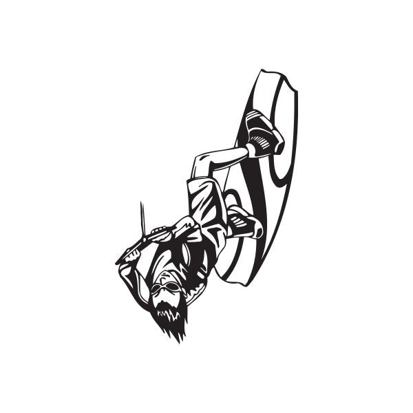 Wakeboarding Whirlybird 540 decal with black-and-white rider mid-rotation on board