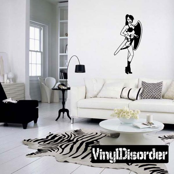 Walking bikini shieldmaiden decal with warrior silhouette and zebra stripe text