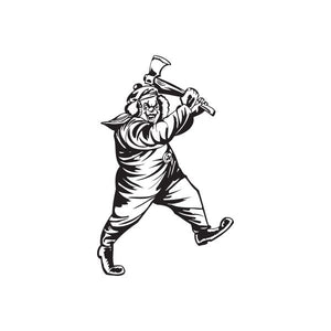 Walking clown with axe decal, monochrome line art