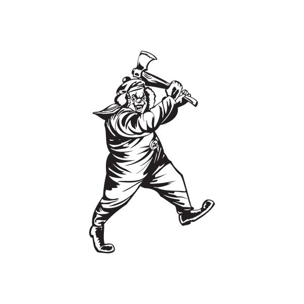 Walking clown with axe decal, monochrome line art