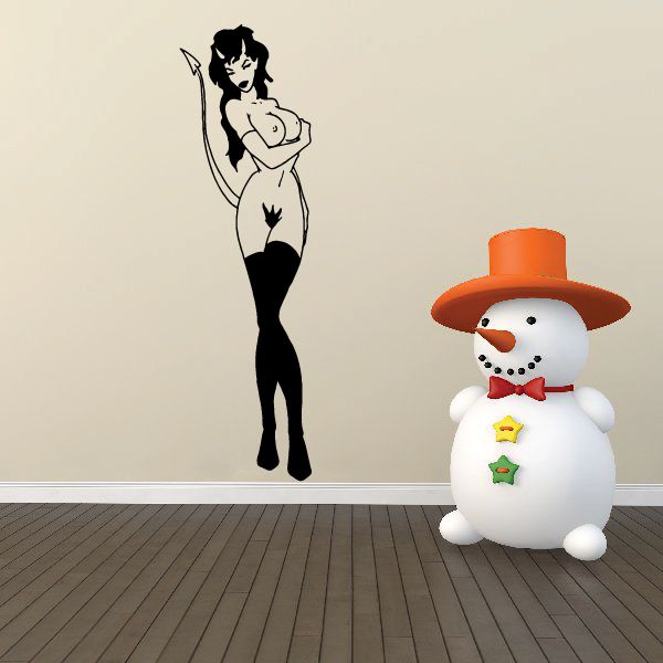 Black walking devil girl decal with pitchfork silhouette