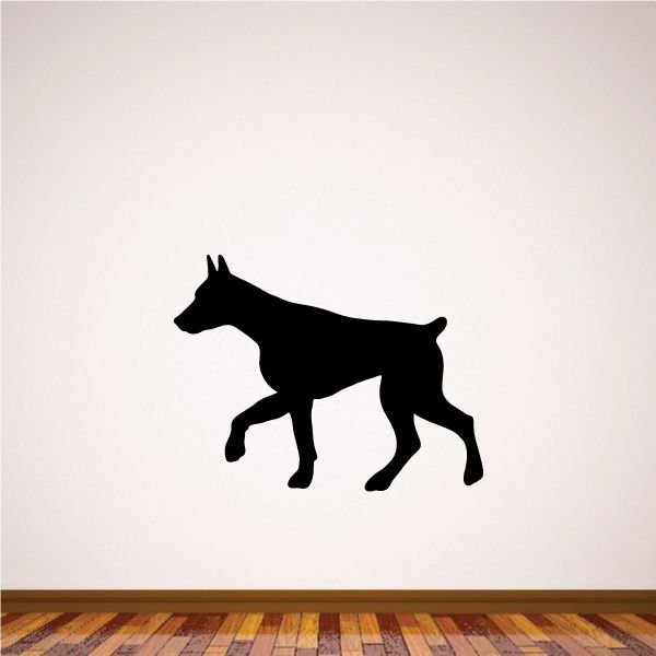 Walking Doberman Pinscher decal, black silhouette dog walking to the right