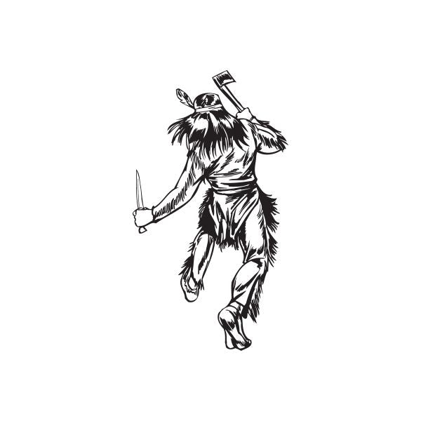 Walking Native American warrior decal, black outline figure holding spear and shield