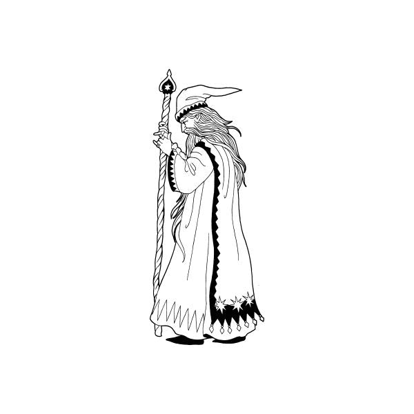 Wizard decal of a robed figure holding a tall staff in a walking pose line art
