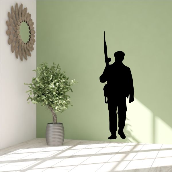 Black silhouette walking soldier with rifle wall decal