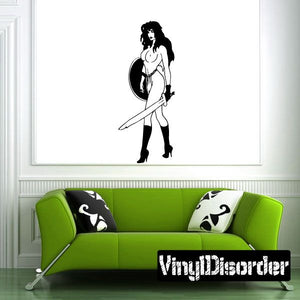 Shieldmaiden woman wall decal standing with sword, bare chest, black hair