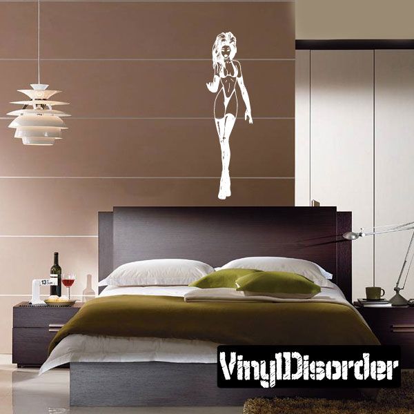 Lingerie decal of a walking woman with gloves and boots, white outline