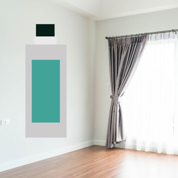 Teal wall decal with small black square above, vinyl rectangle design