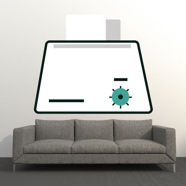 Vinyl wall decal, outlined calculator-like icon with two bars and gear-like sun symbol
