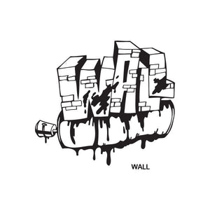 Wall graffiti decal with black-and-white city style lettering and drips, rectangular block shapes