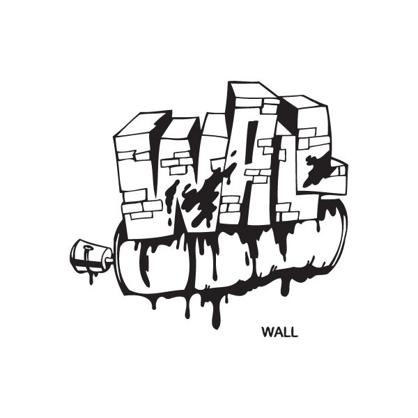 Wall graffiti decal with black-and-white city style lettering and drips, rectangular block shapes