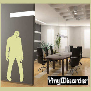 Zombie decal silhouette in light green with bold white lettering along bottom