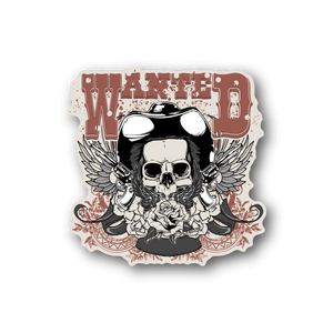 Cowboy skull vinyl sticker with cowboy hat, wings, and WANTED text