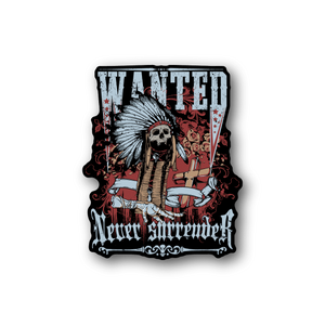 Wanted Indian chief vinyl sticker with skull headdress and red rose accents