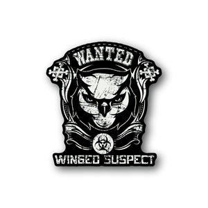 Vinyl sticker of black-and-white owl with winged emblem and bold text