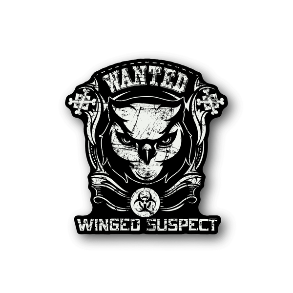 Vinyl sticker of black-and-white owl with winged emblem and bold text